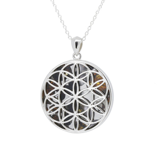 セリコ・パラサイト隕石 ケニア産 シルバーペンダント (フラワーオブライフ) 27×35mm CH-APR25-006