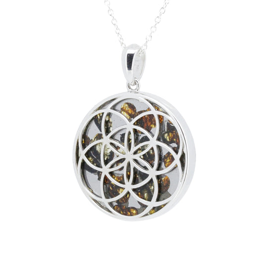 セリコ・パラサイト隕石 ケニア産 シルバーペンダント (シードオブライフ) 27×35mm CH-APR25-007